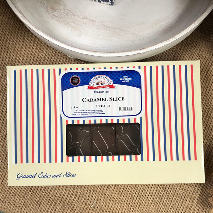 Now pre-sliced The French Kitchen Castle Hill Chocolate Caramel Slice
